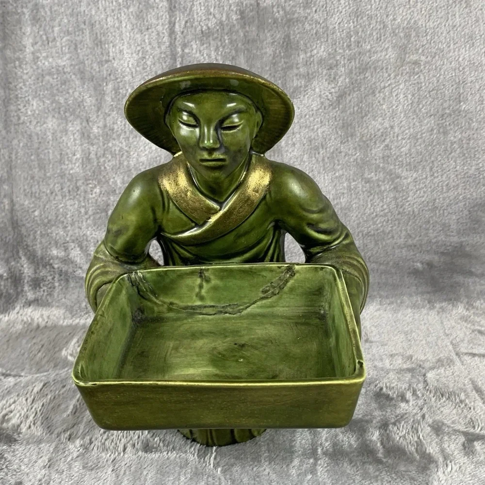 Vintage 1963 Figural Chinoiserie Trinket Box Gold Accented Green Signed Repaired